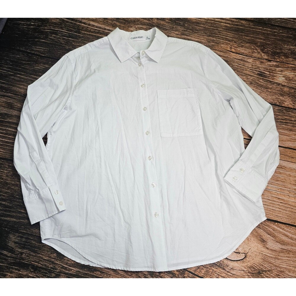 Calvin Klein White Button Down Shirt Long Sleev Dress Pocket Womens L Oversized
